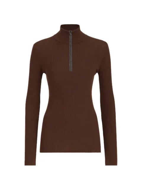 Brunello Cucinelli virgin wool and cashmere lightweight ribbed turtleneck sweater with precious half-zip Brown M14817604C9199