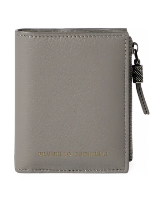 Brunello Cucinelli grained calfskin compact wallet with shiny zipper pull Grey MWCAM2718C9784
