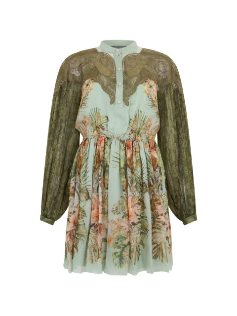 Alberta Ferretti lace-trimmed floral-print mini dress Green A04401632