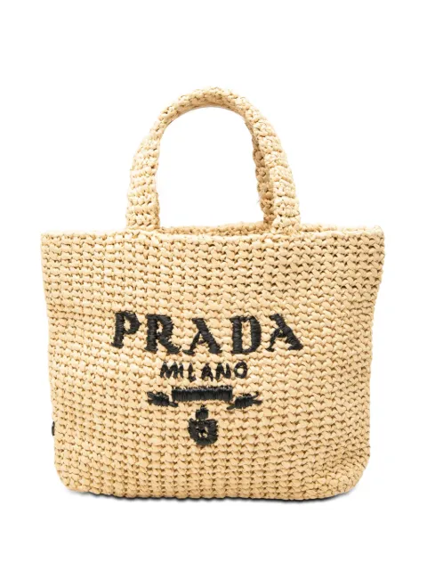 Prada Pre-Owned 2013-2026 Small Raffia Effect Crochet Embroidered Logo tote bag Neutrals C1VQAVL9ZJ5C210Z