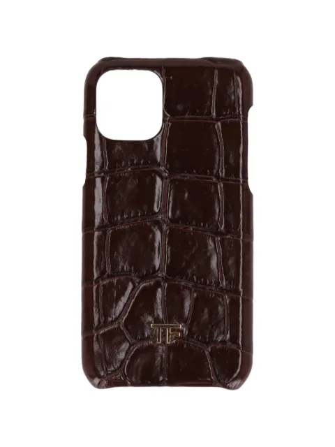 TOM FORD logo-plaque croc-effect leather phone case Brown Y0292TEAL007U7054
