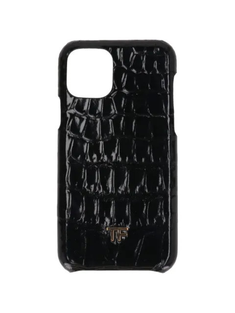 TOM FORD logo-plaque croc-effect leather phone case Black Y0292TEAL007U9000