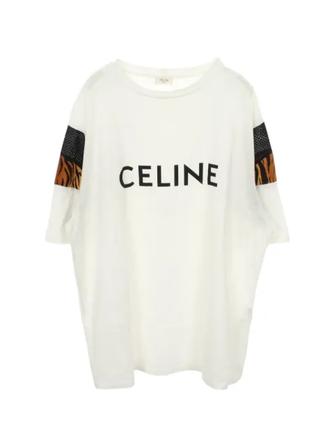 Celine Pre-Owned logo-print leopard-detail T-shirt White 1069643