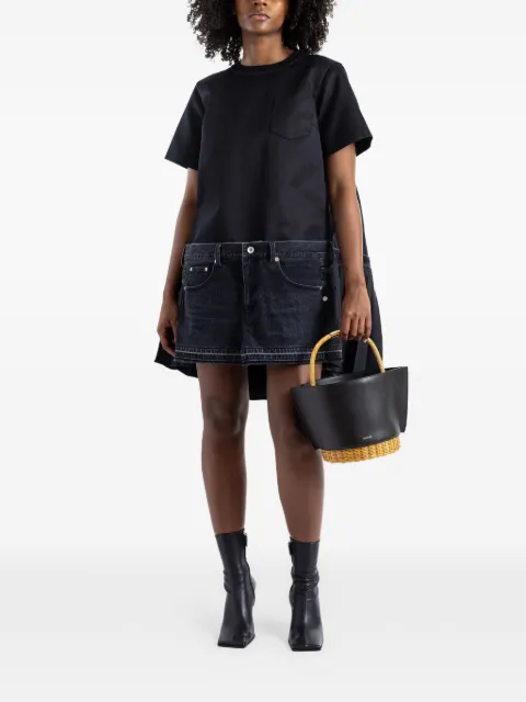 sacai Hybrid denim pleated asymmetric dress Black 2608462