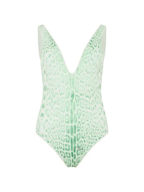 Roberto Cavalli jaguar-print V-neck swimsuit Green XQW008HVT23