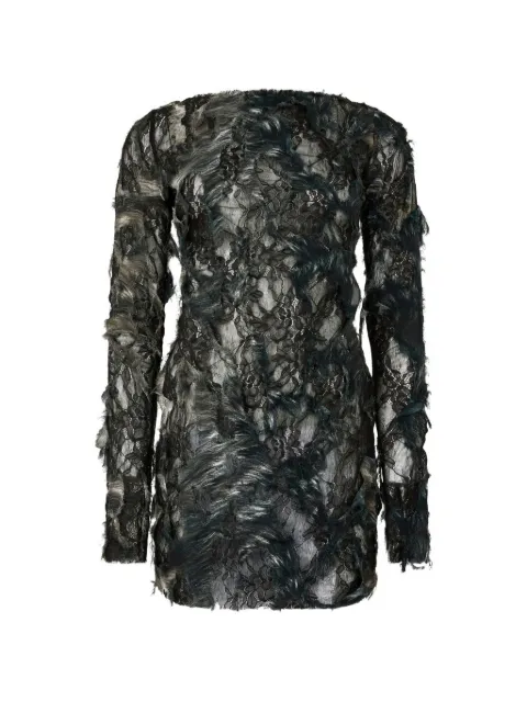 Roberto Cavalli feather-embellished lace-overlay mini dress Black XWT1437HT79