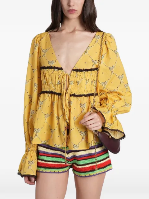 SIEDRES bow-print ruffled top Yellow WSS26TP01