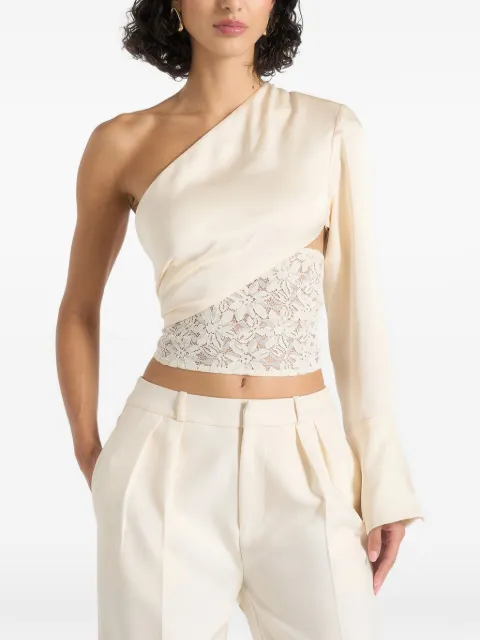 Manière De Voir Coralie one sleeve satin and lace wrap top Neutrals WMN4659