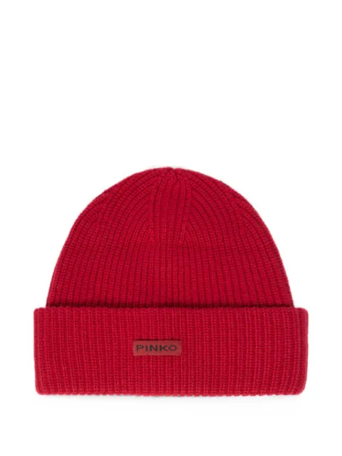 PINKO ribbed-knit logo-patch beanie hat Red 105993A3EI