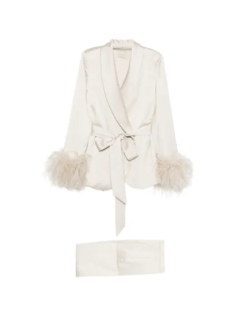 THE ARCHIVIA feather-trim belted suit Neutrals IVESIVORY