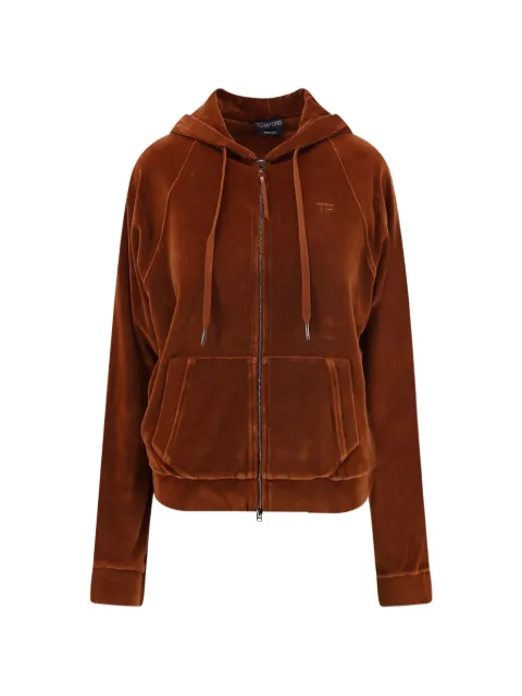 TOM FORD stretch cotton velour zip hoodie with tonal TF embroidered logo Brown FLJ072JEX154