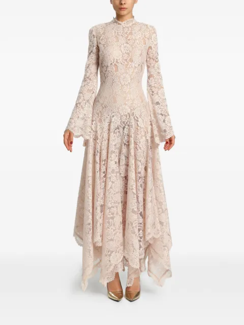 MIAU by Clara Rotescu Capri lace flared-sleeve asymmetric dress Neutrals CAPRI
