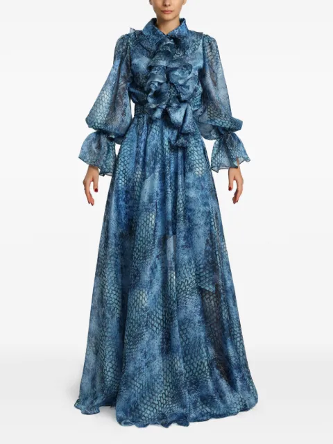 MIAU by Clara Rotescu Oceana ruffled snake-print maxi dress Blue OCEANA