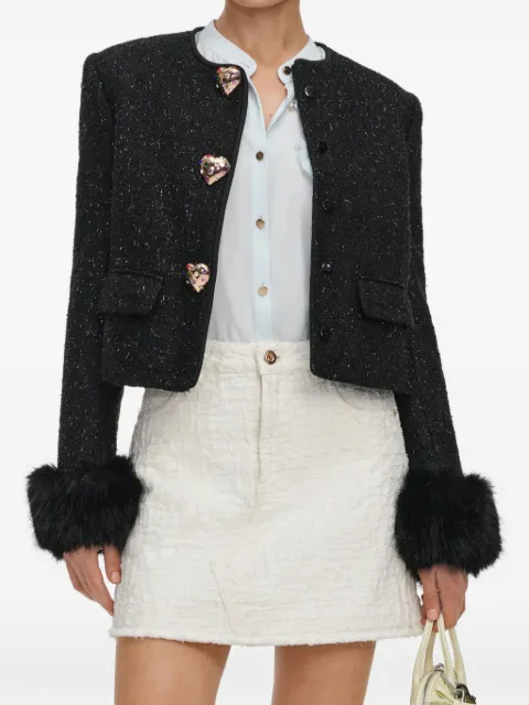 Self-Portrait black metallic boucle fur cuff jacket Black AW26131JB
