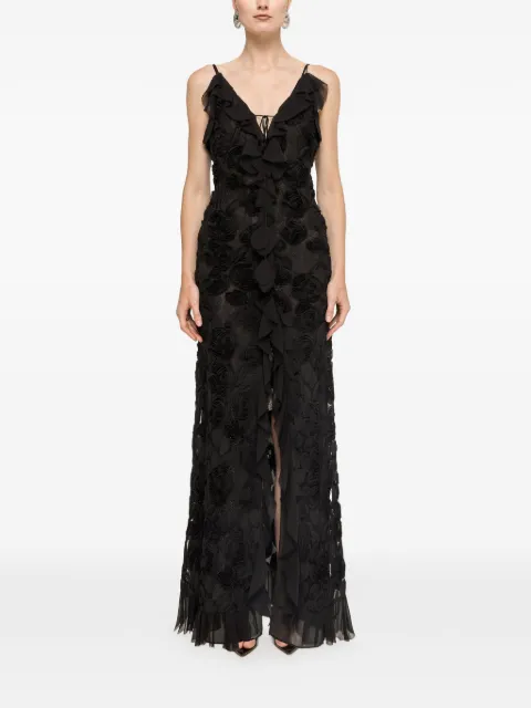 NISSA floral-embroidered ruffled maxi dress Black RRS16667