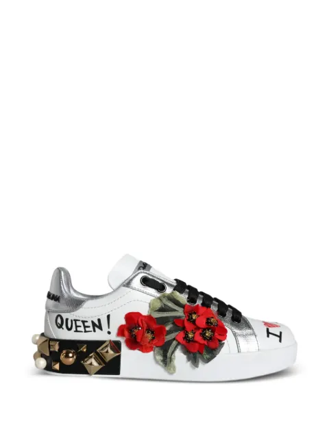 Dolce & Gabbana floral-embellished studded leather sneakers White LA11664