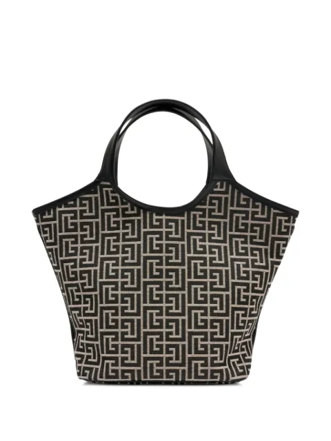 Balmain monogram-pattern leather-trim tote bag Black HN1FA090TJPO