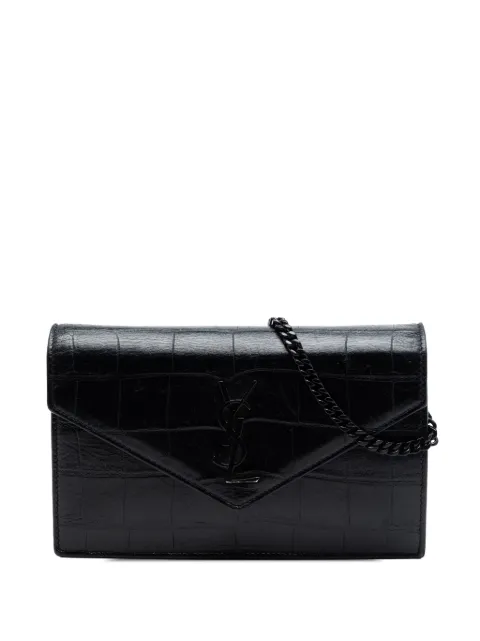 Saint Laurent Pre-Owned 2017 Croc Embossed Leather Monogram Monochrome Envelope Chain Wallet crossbody bag Black UM8IYNAV6MMMWGLD
