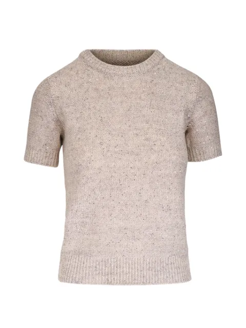 Akris sequined short sleeve linen cotton sweater Neutrals 7601521800527000031