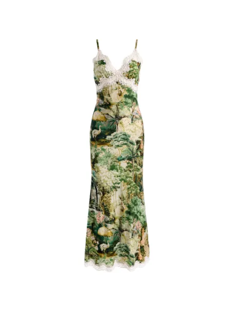 alice + olivia lace-trim landscape-print maxi slip dress Green CC606P11527