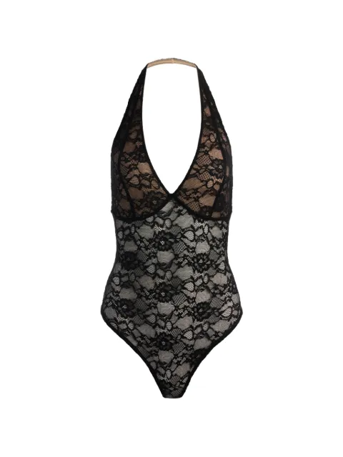 alice + olivia Lina plunging V-neck halter lace bodysuit Black CC606L67803