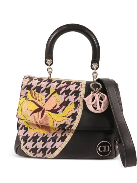 Christian Dior Pre-Owned houndstooth-embroidered floral-patch tote bag Black HANDBAG
