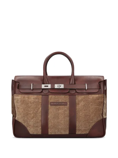 Brunello Cucinelli burnished calfskin and chevron-effect Techno fabric country bag Brown MBROBU071CYA14