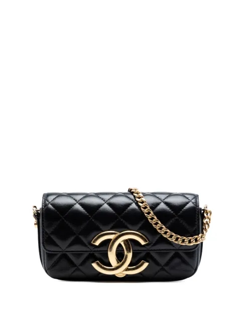 CHANEL Pre-Owned 2021-2026 Quilted Lambskin Giant CC Flap Phone Holder with Chain crossbody bag Black BCENG86LG98Z17UY