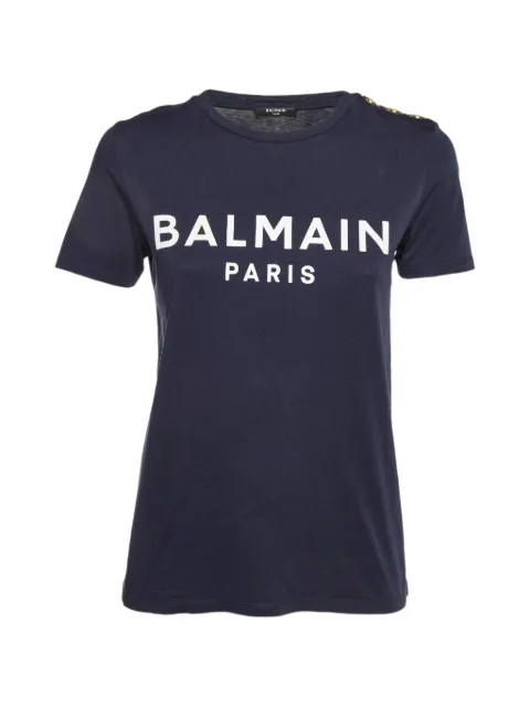 Balmain Pre-Owned logo-print button-detail T-shirt Blue 1126937