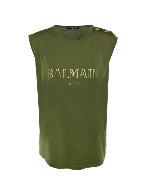 Balmain Pre-Owned logo-print cotton sleeveless T-shirt Green 1197065