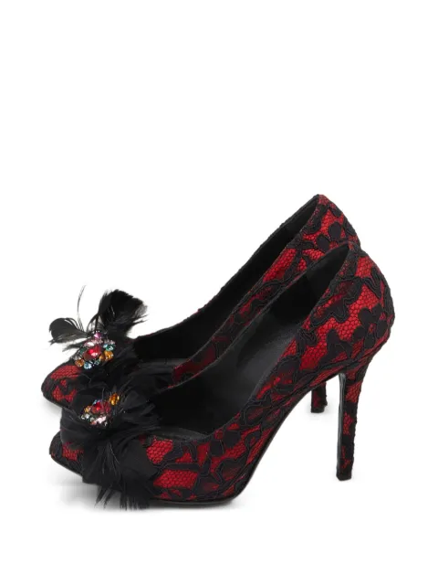 Dolce & Gabbana Pre-Owned feather crystal lace pumps Red 952107