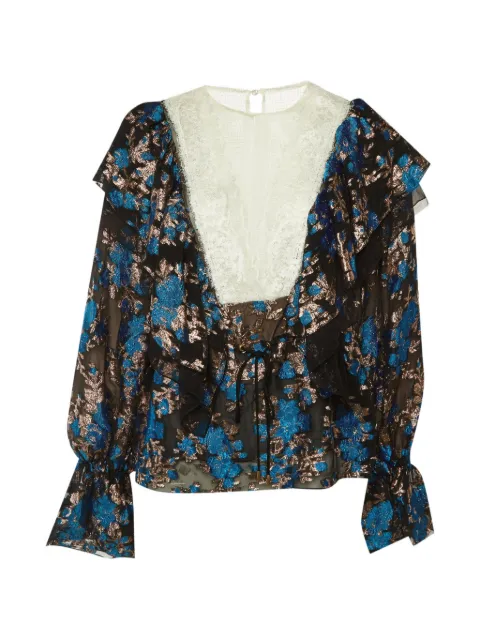 Lanvin Pre-Owned floral brocade lace-panel blouse Gold 1253615