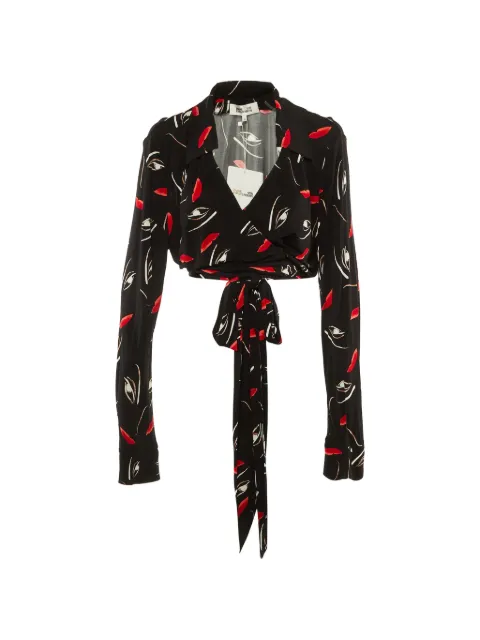 DVF Diane von Furstenberg Floating Face print wrap-around top Black 1224548