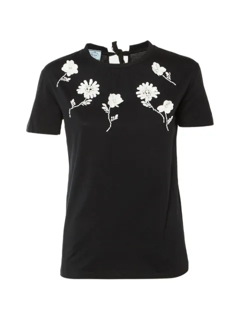 Prada Pre-Owned floral-embellished tie-detail T-shirt Black 1304698