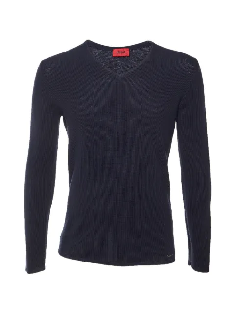 BOSS GREEN HUGO BOSS waffle-knit V-neck long-sleeved T-shirt Blue 1304570