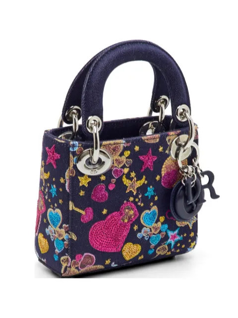 Christian Dior Pre-Owned 2018 micro Lady Dior heart-embroidered tote bag Blue 1314285