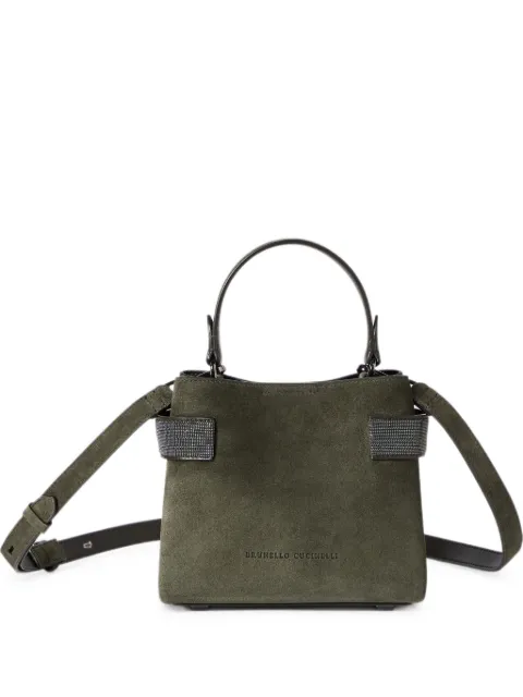 Brunello Cucinelli Essence small top-handle bag in suede with precious bands Green MBDLD2499C589