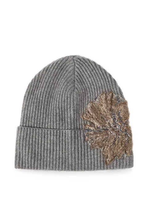 Brunello Cucinelli cashmere ribbed beanie with whispering bloom embroidery Grey M12792079C074
