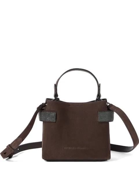 Brunello Cucinelli Essence small top-handle bag in suede with precious bands Brown MBDLD2499C9885