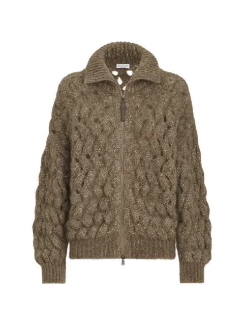 Brunello Cucinelli dazzling zigzag cables cardigan in mohair and wool Brown MNT347516