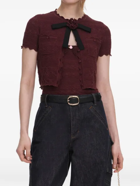 Self-Portrait bow-detail pointelle-knit cardigan Brown PF26069TBR