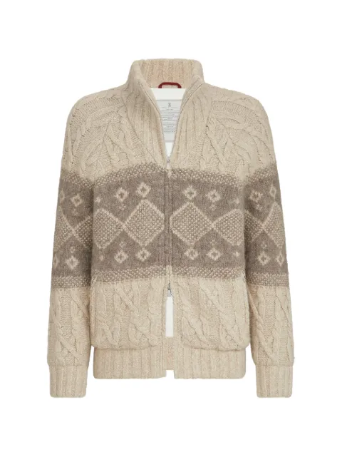 Brunello Cucinelli virgin wool, silk and cashmere chiné cable knit down jacket with intarsia Neutrals MNX302406COR60