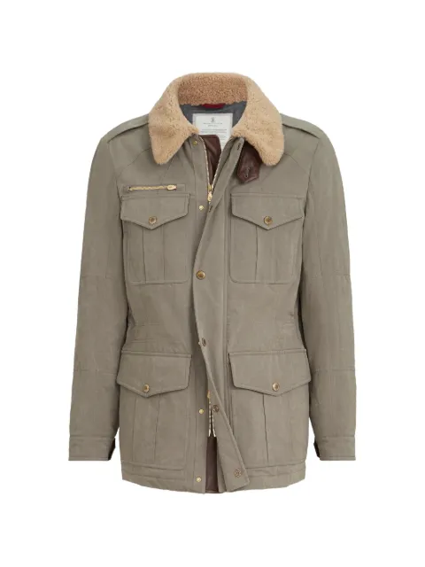 Brunello Cucinelli waxed techno cotton safari jacket with Thermore® padding, nappa leather inserts and shearling collar Grey MG5456001CEX89