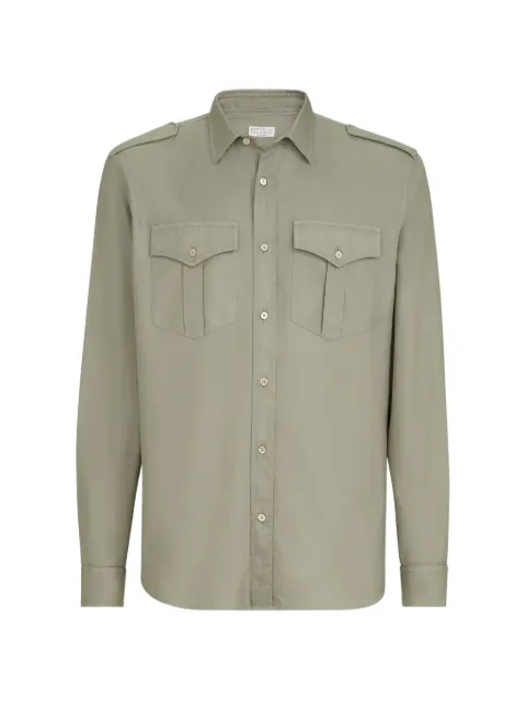 Brunello Cucinelli garment-dyed shirt in cotton chevron with spread collar, epaulettes and chest pockets Green MD6973059C6043