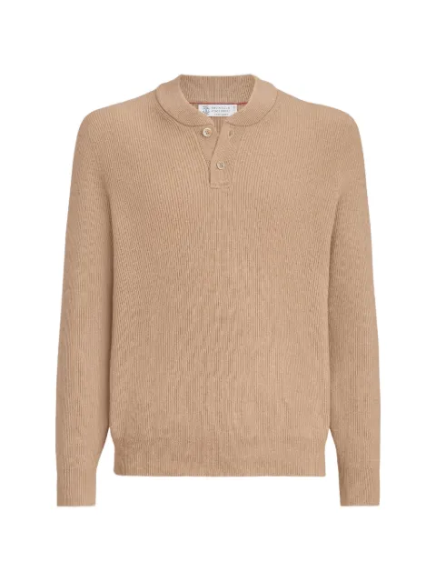 Brunello Cucinelli cashmere English rib sweater with Henley collar Neutrals M2229551CM338
