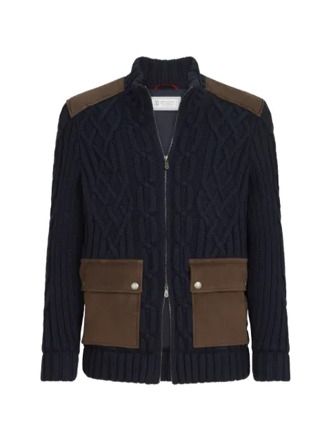 Brunello Cucinelli cable knit cardigan in cashmere Feather yarn with suede inserts and zipper Blue MA2302306CEP74