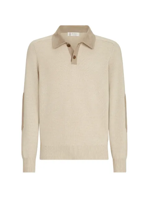 Brunello Cucinelli cashmere knit polo with suede collar Neutrals M22709805C058