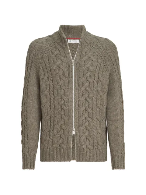 Brunello Cucinelli Cable knit cardigan in cashmere Feather yarn with zipper Green MA2301506C2805