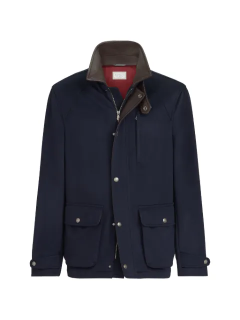 Brunello Cucinelli virgin wool cloth field jacket with nappa leather inserts Blue MV4676382C006
