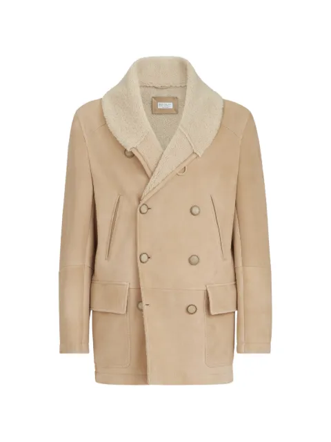 Brunello Cucinelli suede curly shearling pea coat with shawl collar Neutrals MPMCU2091C9876